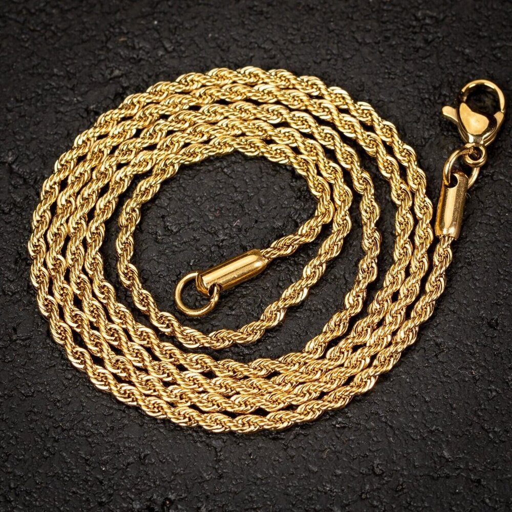 Solid Yellow Gold Plated 316 Stainless Steel 2MM Twist Rope Chain Necklace